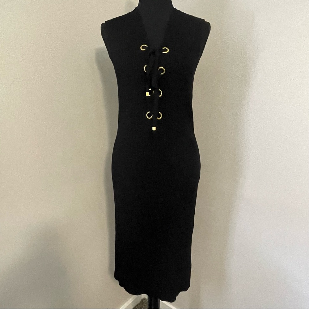 MICHAEL Michael Kors Sz L Black Ribbed Knit Lace-Up Sweater Dress Bodycon - Picture 2 of 11
